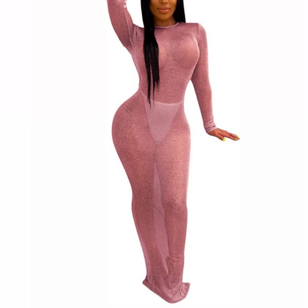 Pink Women's Sexy Backless Glitter See Through Long Sleeve Slit Club Bodycon